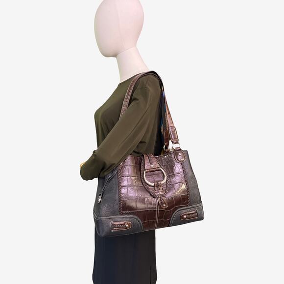 Brighton Croc Embossed Leather Shoulder Tote Bag Brown Black Large Boho Floral - Picture 2 of 15